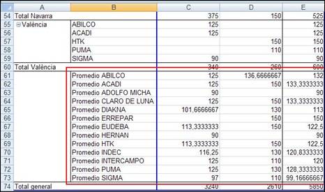 Resultat d'aplicar subtotals a una taula dinàmica