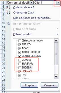 Filtre d'un camp de taula dinàmica